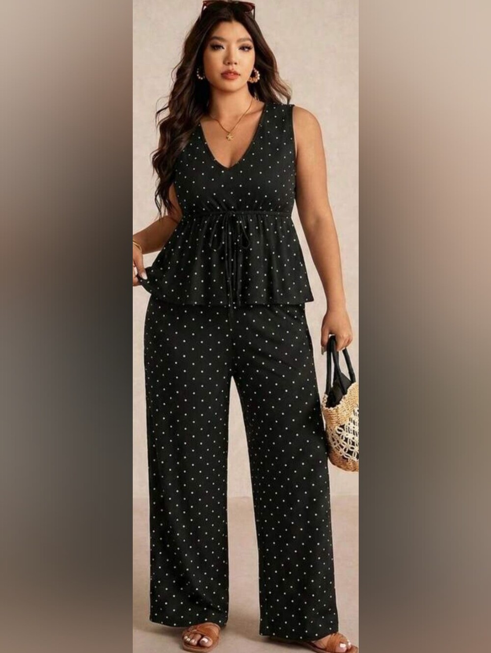 Shein Wide Leg Two-Piece Black Polka Dot Pantset
